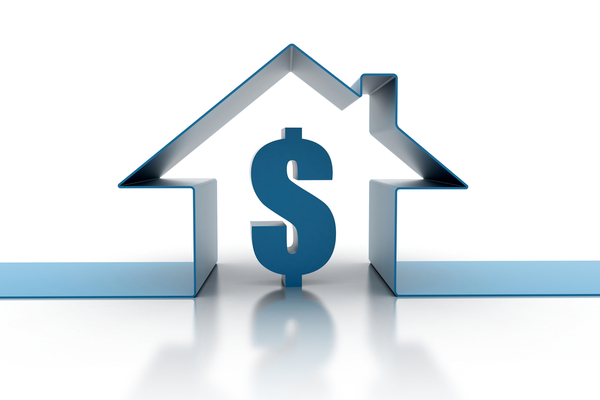 Blue house with a dollar sign in the middle of it