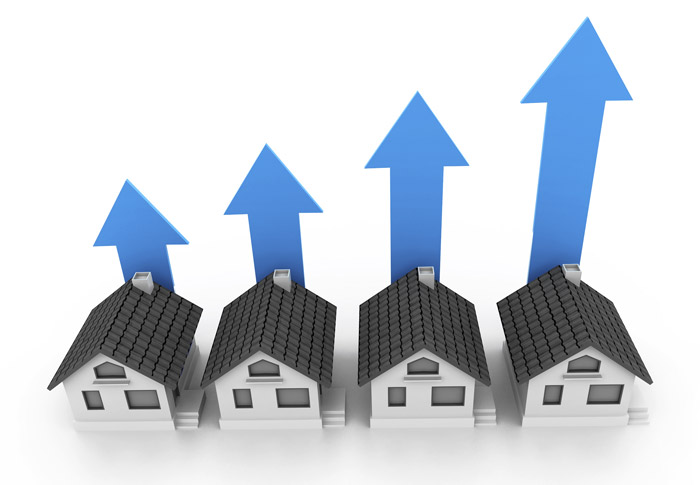 Four computer created houses with up arrows above them
